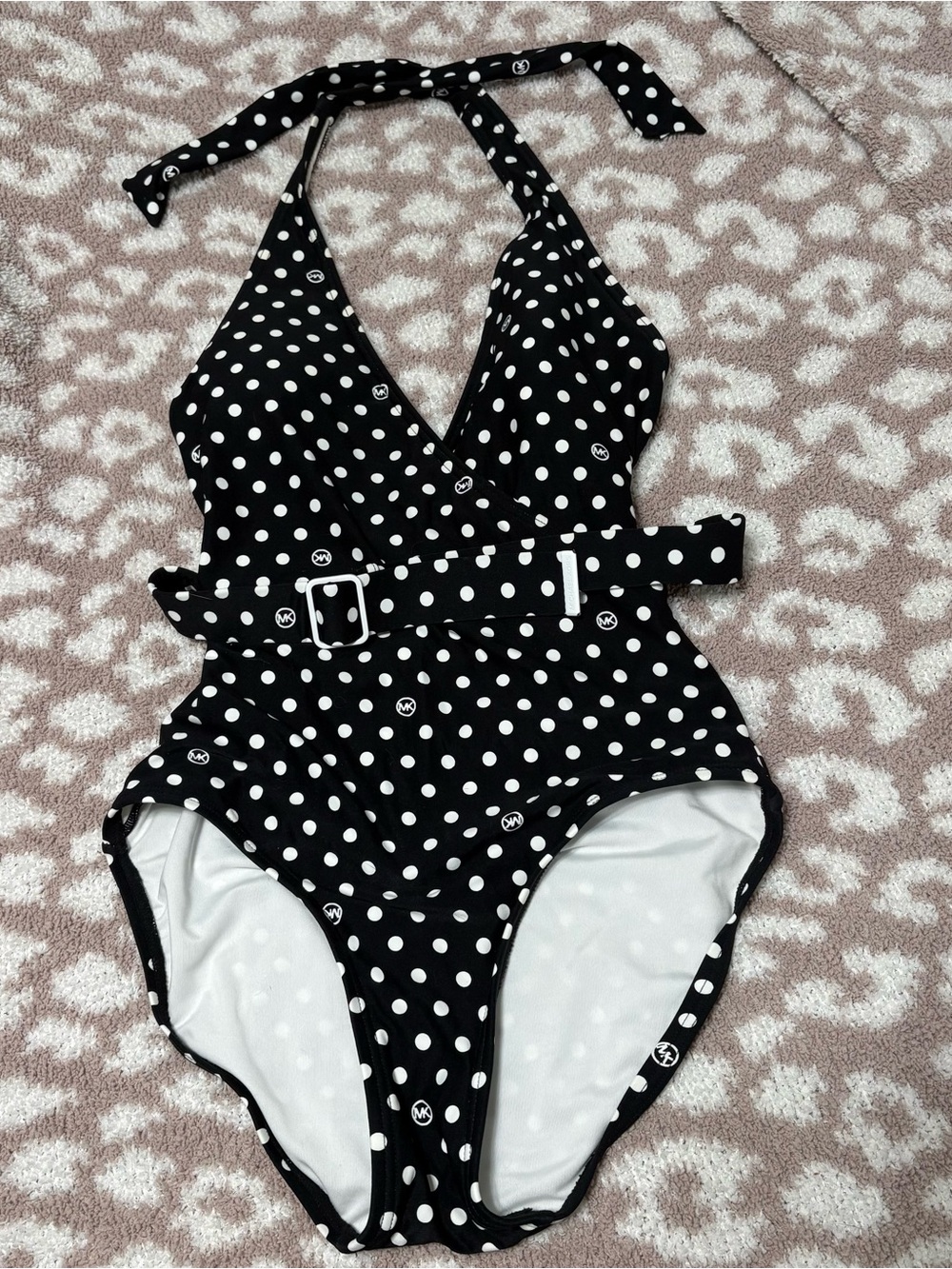Michael Kors Black and White Polka Dot Halter One-Piece Swimsuit